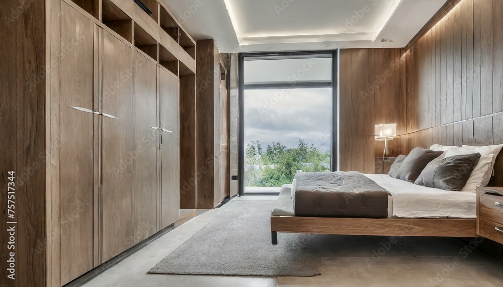 Contemporary Chic: Stylish Bedroom Design Featuring Wooden Wardrobe with Glossy Sliding Doors Contemporary Chic: Stylish Bedroom Design Featuring Wooden Wardrobe with Glossy Sliding Doors