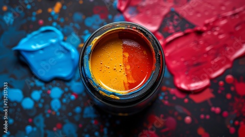 a can of paint sitting on top of a table next to a pair of blue and red paintbrushes. photo