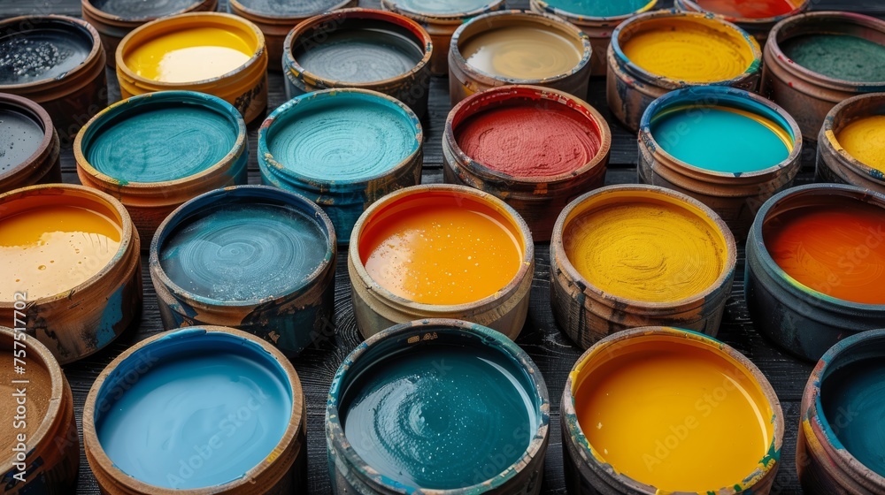 a bunch of buckets of different colors of paint sitting on top of a pallet of pallet paper. a bunch of buckets of different colors of paint sitting on top of a pallet of pallet paper.