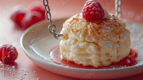 a white plate topped with a dessert covered in icing and topped with raspberries and powdered sugar. photo