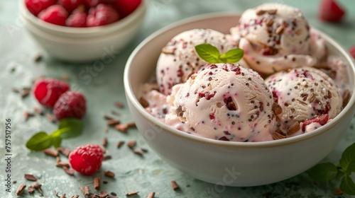 a bowl filled with ice cream next to a bowl of raspberries and a bowl of chocolate sprinkles. photo