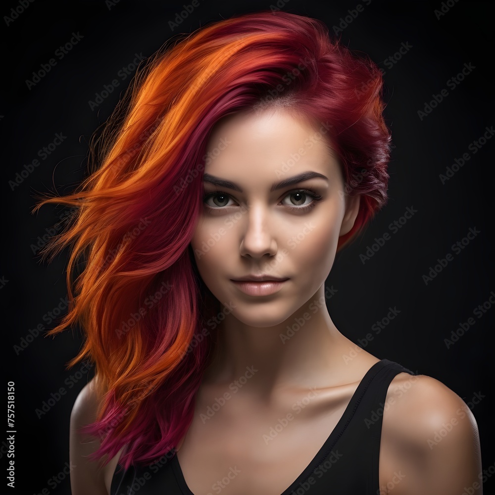 The contrast between her vibrant hair and the dark background creates a dynamic visual effect, drawing the viewer's eye to her captivating presence.