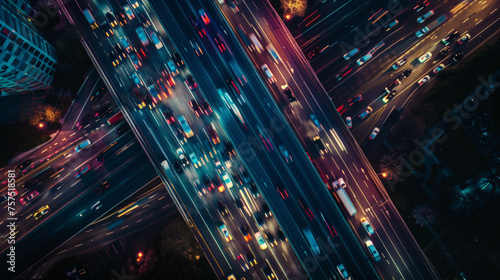 Aerial view of Road Traffic jam on multiple lane highway with speed light trail from car background, night scene