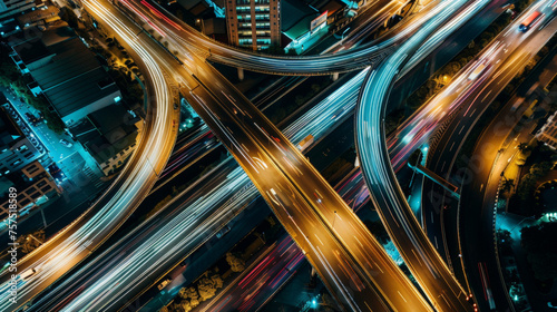 Aerial view of Road Traffic jam on multiple lane highway with speed light trail from car background, night scene