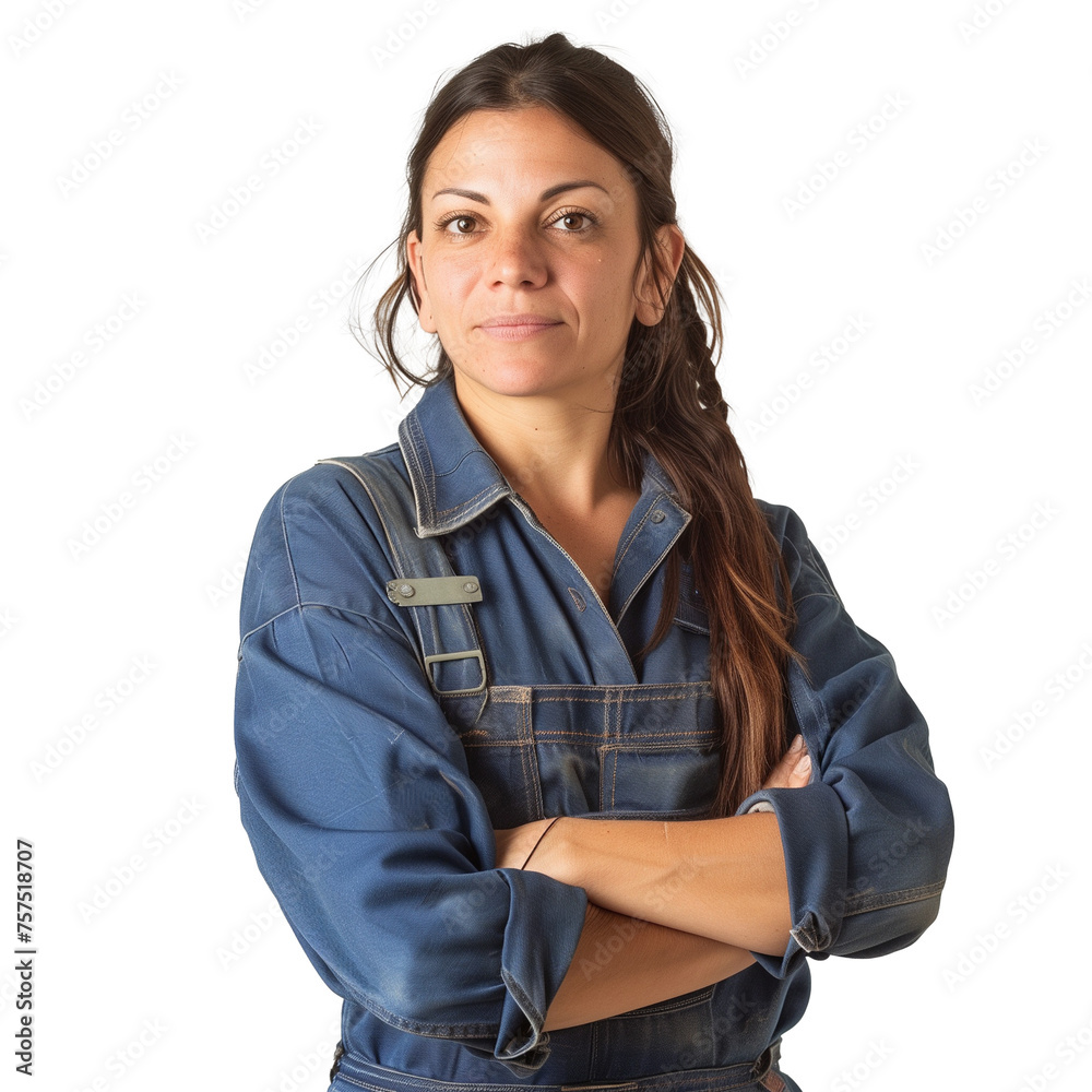 Pretty woman in overalls with arms crossed over isolated on transparent background. Pretty woman in overalls with arms crossed over isolated on transparent background.