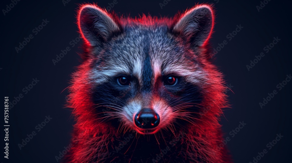 a close up of a raccoon's face with a red light shining on it's face. a close up of a raccoon's face with a red light shining on it's face.