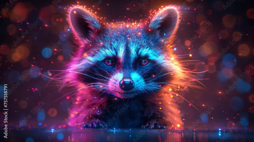 a close up of a raccoon's face with a blurry background of lights in the background.