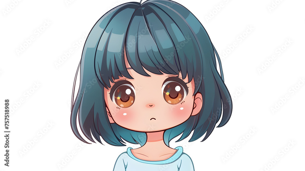 A young anime girl with large expressive brown eyes and stylish blue hair, evoking a sense of wonder A young anime girl with large expressive brown eyes and stylish blue hair, evoking a sense of wonder