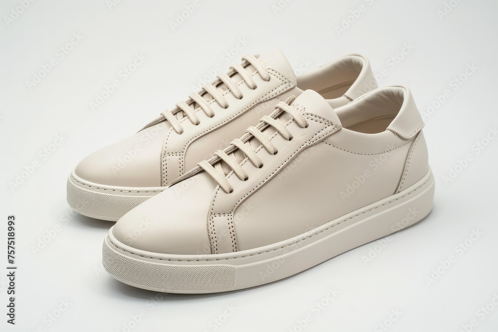 Close-up of a pair of trendy unisex sneakers in neutral colors with intricate stitching on a white background. Elegantly designed for a modern, stylish, and active lifestyle
