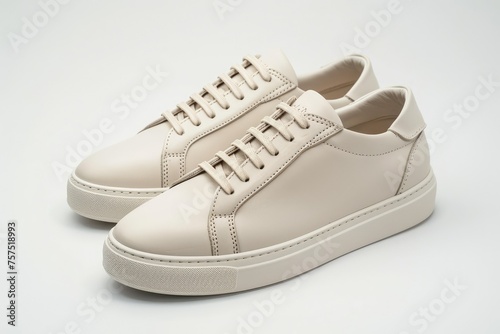 Close-up of a pair of trendy unisex sneakers in neutral colors with intricate stitching on a white background. Elegantly designed for a modern, stylish, and active lifestyle