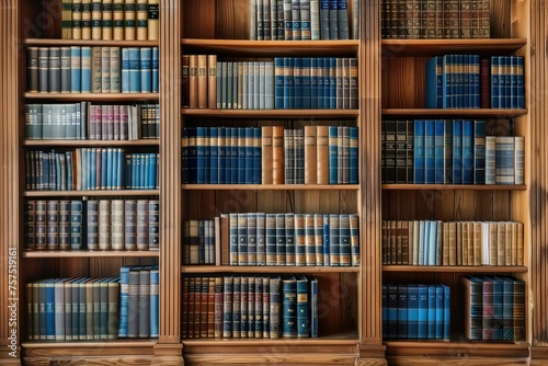 A wooden bookshelf in a home library with neatly arranged categorized books showcasing sharp details and wood grain texture. A standard yet stylish display of books in an orderly setting