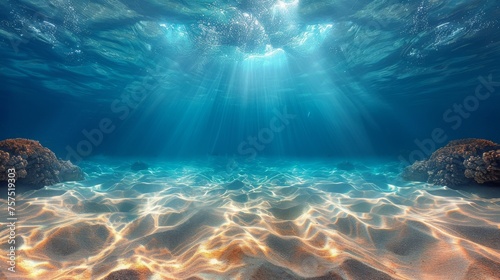 an underwater view of a sandy beach with sunlight streaming through the water and a rock formation in the foreground.