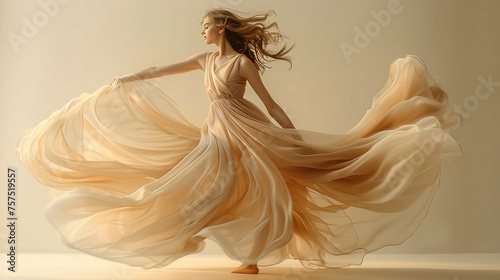Beautiful fashion model woman with frill flowy beige dress , dancing pose, . Fashion portrait isolated on beige background	 photo