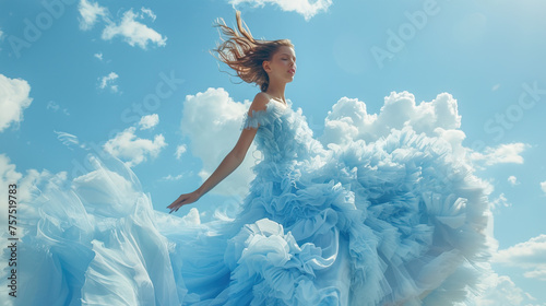 Beautiful fashion model woman with blue flowy dress. Fashion portrait isolated on sky blue background  © Mahnoor