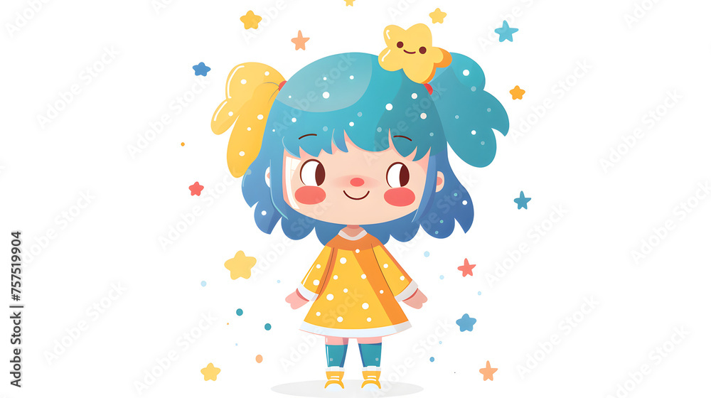 This charming illustration showcases a cute girl with blue hair adorned with stars and a bright yellow dress This charming illustration showcases a cute girl with blue hair adorned with stars and a bright yellow dress