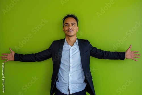 A confident male executive, arms outstretched in presentation, set against a vibrant chartreuse green backdrop.