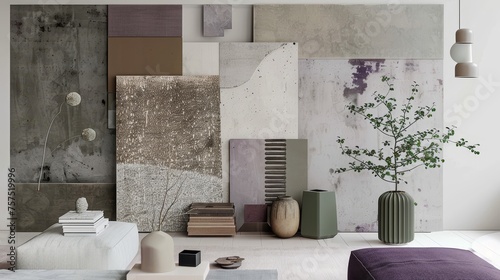 Moodboard voor interior. The arrangement emphasizes a neutral and earthy color scheme with a focus on texture.