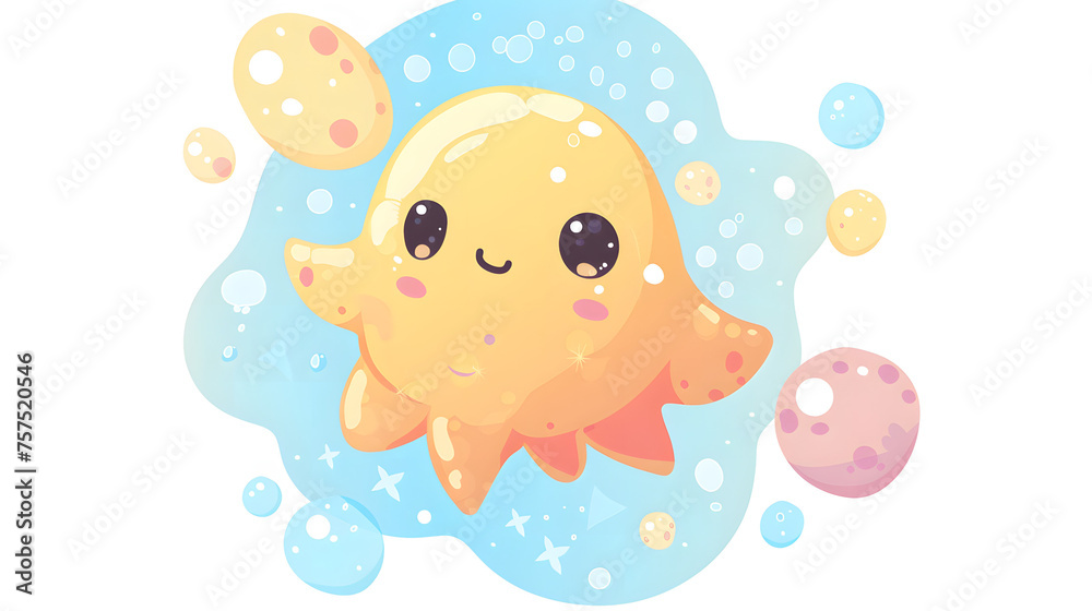 A gleaming golden starfish character surrounded by pastel-colored bubbles set against a space-themed backdrop A gleaming golden starfish character surrounded by pastel-colored bubbles set against a space-themed backdrop