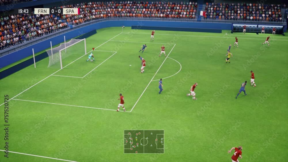 Watching a competitive esports match of an online virtual soccer video game. Professional cybersports teams play soccer video game. Shooting the ball into the opponent's net in a soccer video game.