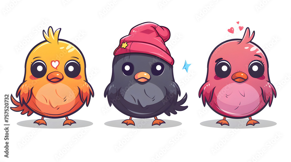A trio of cartoon birds showcasing vibrant personalities with different colors and headwear in a playful illustration