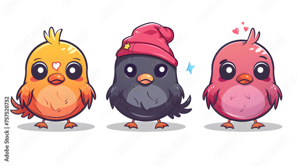 A trio of cartoon birds showcasing vibrant personalities with different colors and headwear in a playful illustration A trio of cartoon birds showcasing vibrant personalities with different colors and headwear in a playful illustration