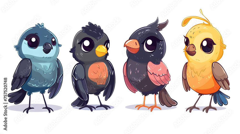 A set of four cartoon birds with diverse colors and personalities, perfectly capturing whimsy and charm in vector art A set of four cartoon birds with diverse colors and personalities, perfectly capturing whimsy and charm in vector art