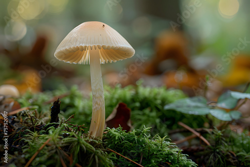 a tiny mushroom sprouting from the forest floor, with its delicate cap and gills visible in intricate detail