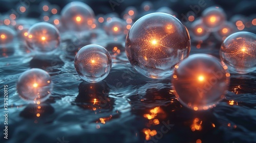 a group of bubbles floating on top of a body of water with glowing lights in the middle of the bubbles. photo