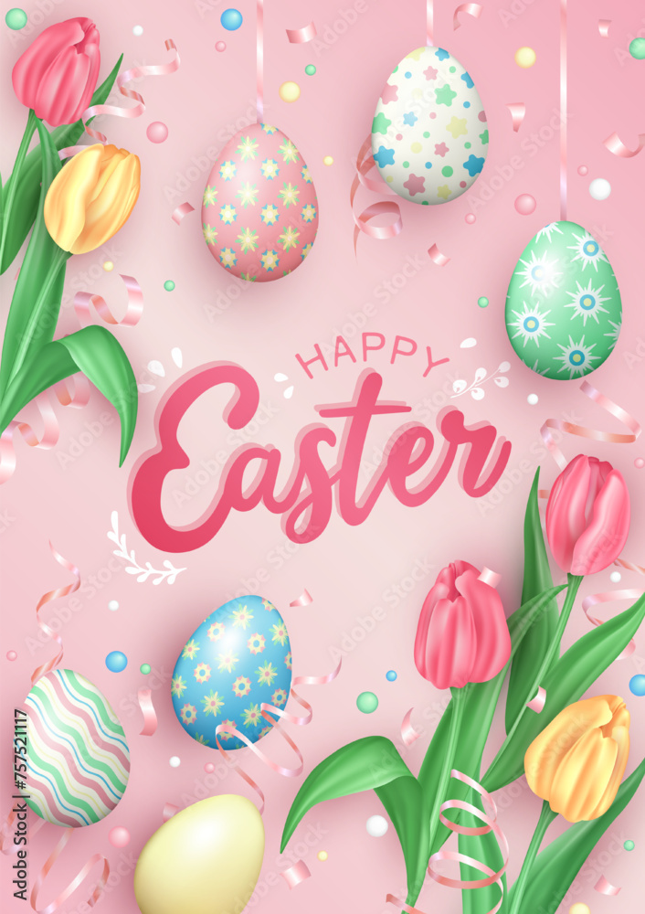 Pink greeting card with hanging on ribbons pastel colored Easter eggs, realistic beautiful pink and yellow tulips. Happy Easter poster or invitation with 3d painted eggs, spring flowers and confetti