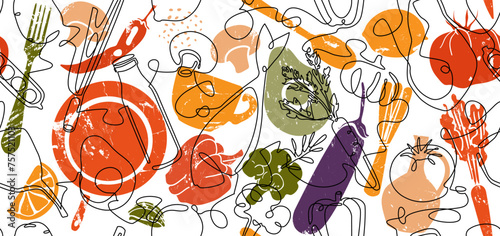 Double seamless pattern with linear illustration of food and grunge hand drawn silhouettes of utensils and vegetables. Abstract vector background on culinary theme.