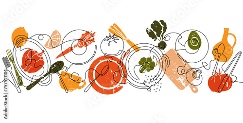 Table with food and utensils isolated on white background. Top view illustration. Vector pattern.