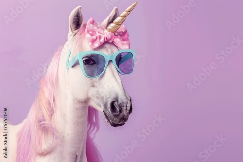 photo portrait of a unicorn with a pink mane in bright blue stylish glasses on a purple background.