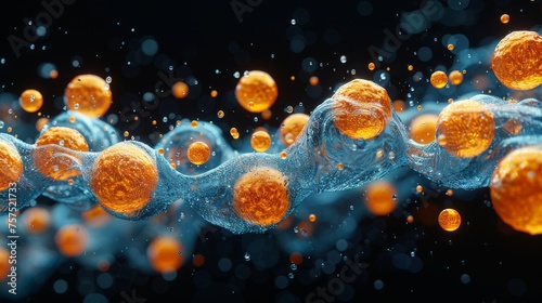 a group of orange and blue bubbles floating on top of a black surface with water droplets on the bottom of the bubbles.