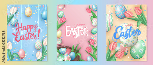 Template of pink, yellow and blue greeting cards or posters with colorful painted Easter eggs, beautiful tulip flowers, nest with 3d pastel colored eggs and congratulation text - Happy Easter!