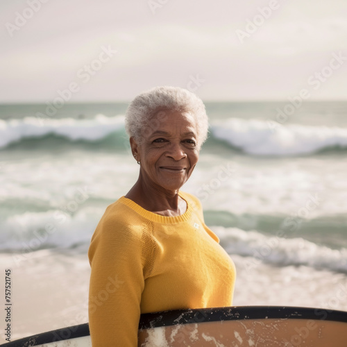 Senior woman standing on beach with surfboard African American.