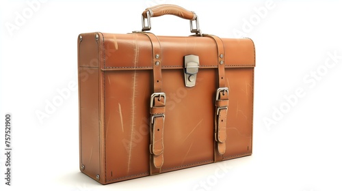 This is a 3D rendering of a vintage brown leather suitcase. The suitcase is sitting on a white surface.