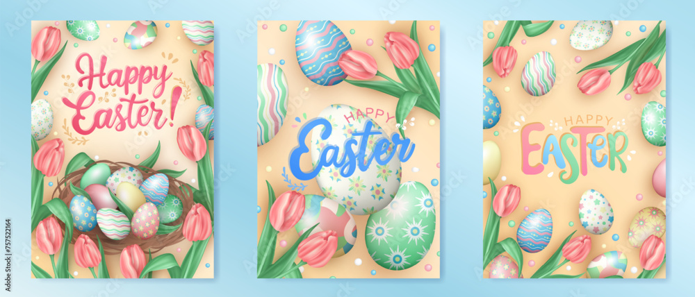 Template of three soft yellow greeting cards or posters with colorful painted Easter eggs, beautiful spring flowers (tulips), a nest with 3d pastel colored eggs and congratulation text - Happy Easter!