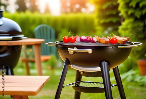 summer time in backyard garden with grill BBQ, wooden table, blurred background photo