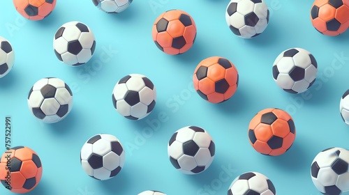 A pattern of soccer balls on a blue background. The soccer balls are orange and white, and they are arranged in a grid.