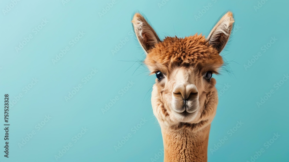 A close-up of a llama looking at the camera with a happy expression on its face. The llama is brown and has a fluffy coat.