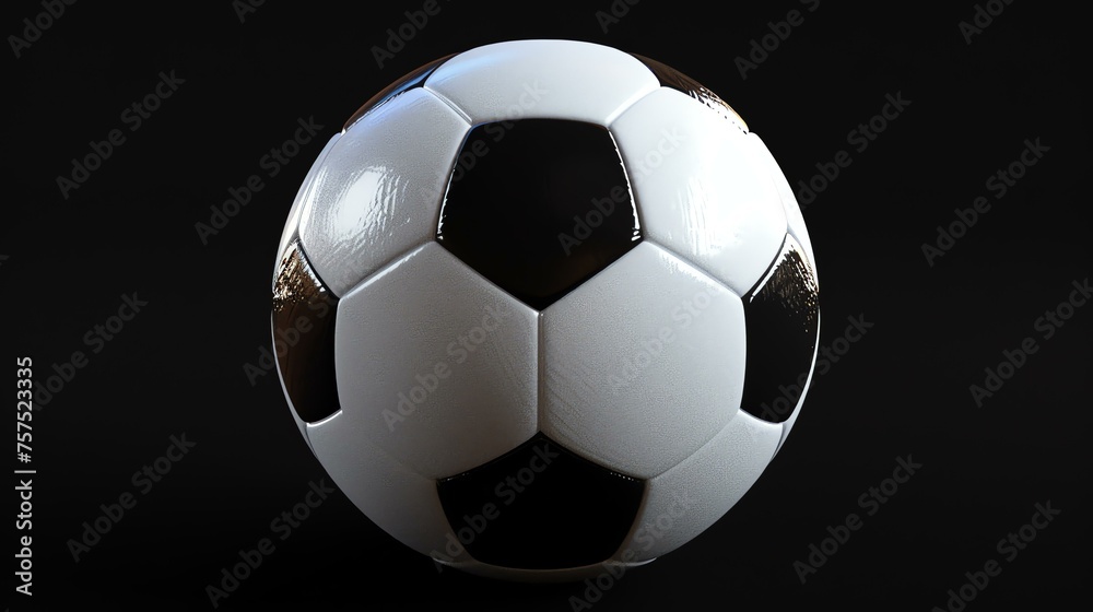 Black and white soccer ball on a black background. The ball is perfectly centered and lit from the top left.
