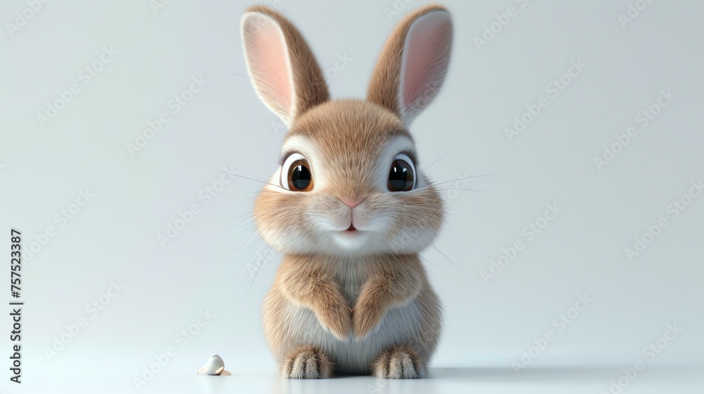 Cute bunny rabbit with big eyes and fluffy ears sitting on a white background. The rabbit is looking at the camera with a curious expression. - obrazy, fototapety, plakaty 