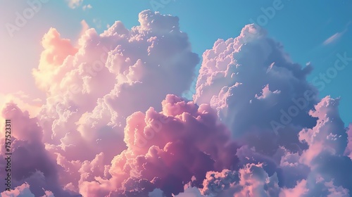 Amazing beautiful pink and white cloudscape with a bright shining sun.