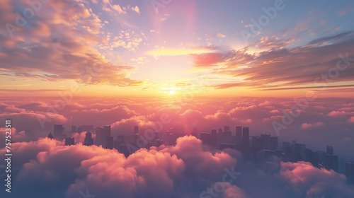 A beautiful sunset over a city. The warm colors of the sky and the soft clouds create a peaceful and serene scene.