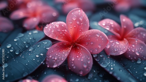 a pink flower sitting on top of a green leaf covered in drops of water on top of a green leaf. photo