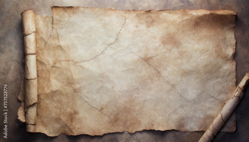 Old parchment paper sheet ancient vintage texture background with cracked edges, top view - obrazy, fototapety, plakaty 