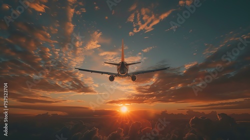 A plane flies high in the sky above the clouds at sunset. Its a beautiful scene with the sun setting behind the plane.