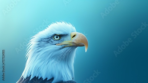 A majestic bald eagle gazes into the distance with a piercing stare. Its powerful beak and sharp talons are a testament to its strength and ferocity.