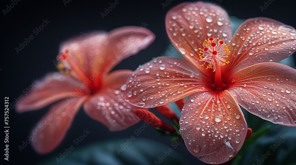a close up of two pink flowers with drops of water on the petals and on the petals are green leaves. a close up of two pink flowers with drops of water on the petals and on the petals are green leaves.