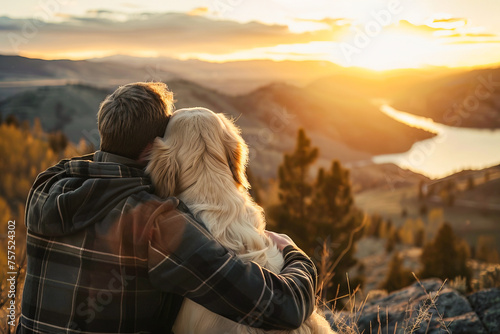 Back view of man embracing his dog while watching the sunset in amazing landscape from a lookout point. Dog Day concept © Pajaros Volando